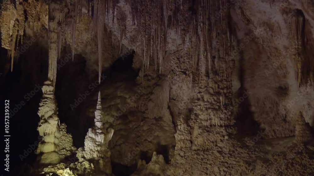 Limestone Caves Of Carlsbad Caverns National Park In The Chihuahuan Desert Of Southern New Mexico, USA. Pan Down Shot Limestone Caves Of Carlsbad Caverns National Park In The Chihuahuan Desert Of Southern New Mexico, USA. Pan Down Shot