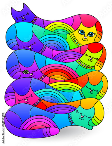 Stained glass illustration with abstract cats, animal isolated on a white background