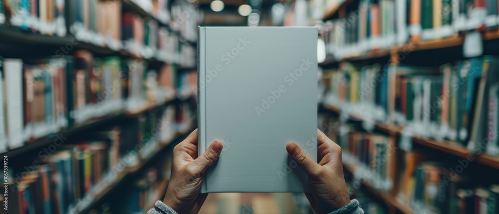 Close up blank book cover mockup being held by a person in a library Close up blank book cover mockup being held by a person in a library