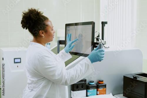 Medical professional interacting with a large touchscreen monitor in a brightly lit clinical environment, wearing lab coat and gloves, absorbed in work