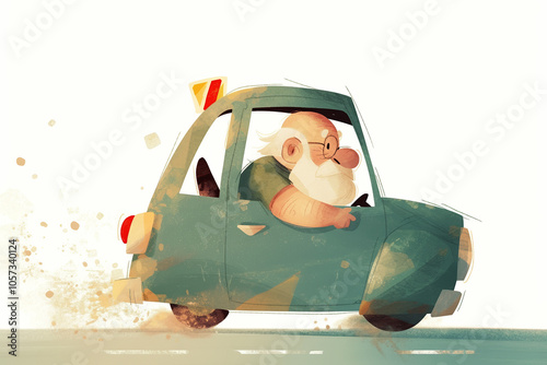 Elderly Man Driving Cartoon Car in Stylized Illustration