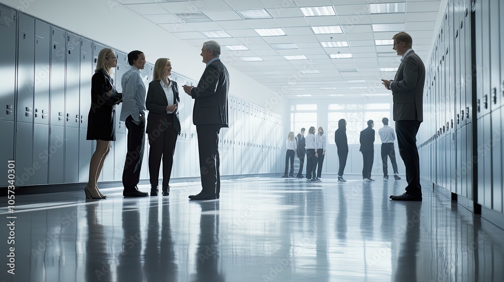 Business meeting in a modern office hallway. Business meeting in a modern office hallway.