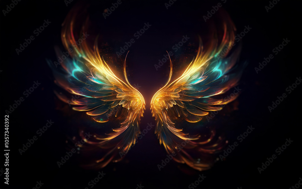 A pair of glowing, iridescent wings with hints of blue and orange light against a dark background. A pair of glowing, iridescent wings with hints of blue and orange light against a dark background.