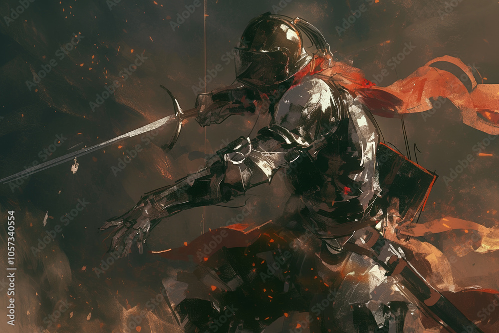 Naklejka premium Medieval Knight in Shining Armor with Red Scarf Engaged in Dynamic Sword Fight