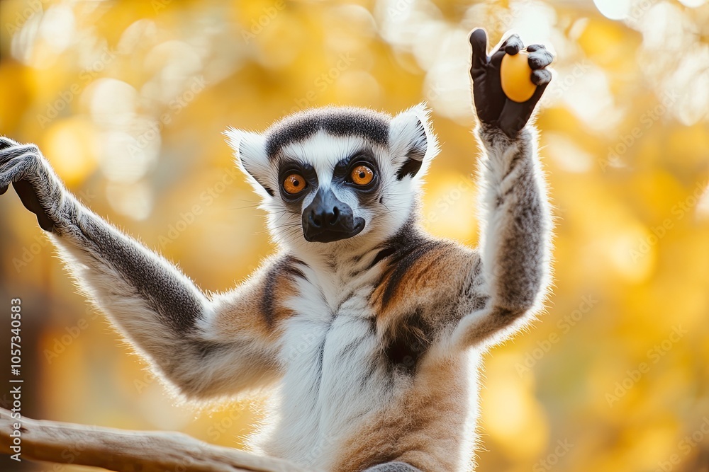 Obraz premium Lemur holding fruit against a warm backdrop.
