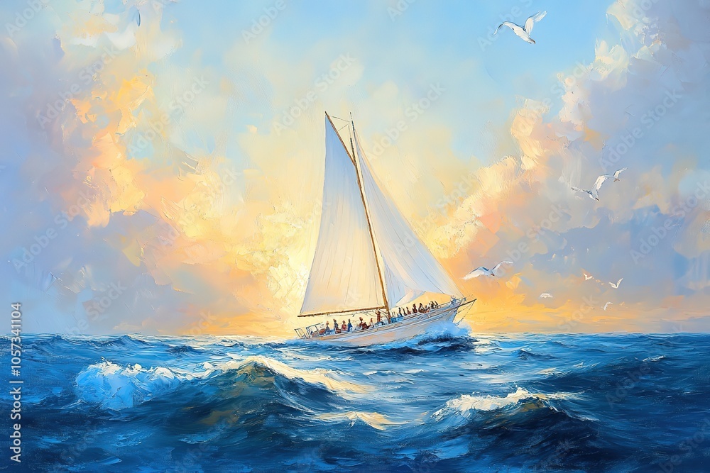 Obraz premium Sailing boat with white sails on the sea, oil painting, light blue sky, light yellow sail and people inside the yacht, waves in front of it, seagulls flying around