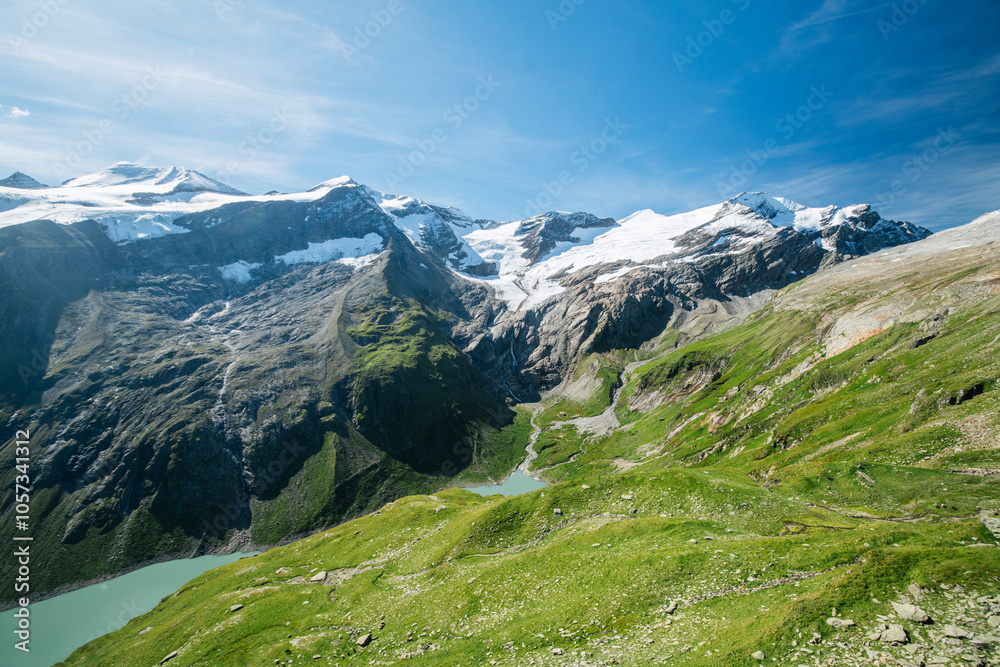 Alpine mountain scenery with green pastures, lakes and snowcapped mountain tops in Nationalpark Hohe Tauern, Salzburg Land, Austria