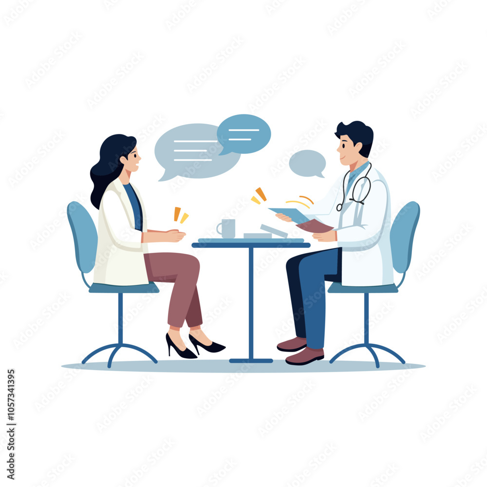 Woman patient consulting with doctor at hospital vector illustration isolated on white. Doctor consultation concept. Health care and medicine. Conversation with a psychologist. Woman patient consulting with doctor at hospital vector illustration isolated on white. Doctor consultation concept. Health care and medicine. Conversation with a psychologist.