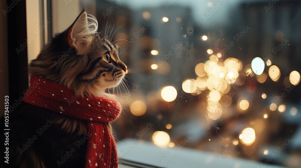 Naklejka premium A cozy cat, wearing a red scarf, gazes out a window at a snowy scene, with festive lights sparkling in the background.