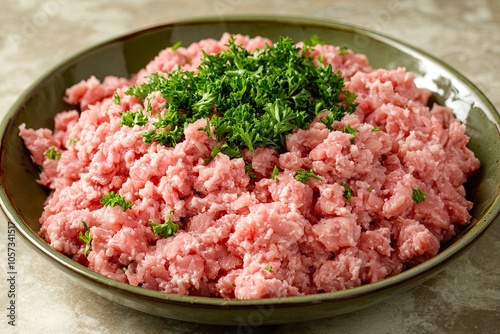 Ground meat topped with fresh herbs in a bowl.