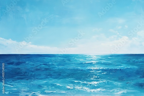 A simple oil painting of the ocean, with a horizon line and a blue sky dotted with white clouds.