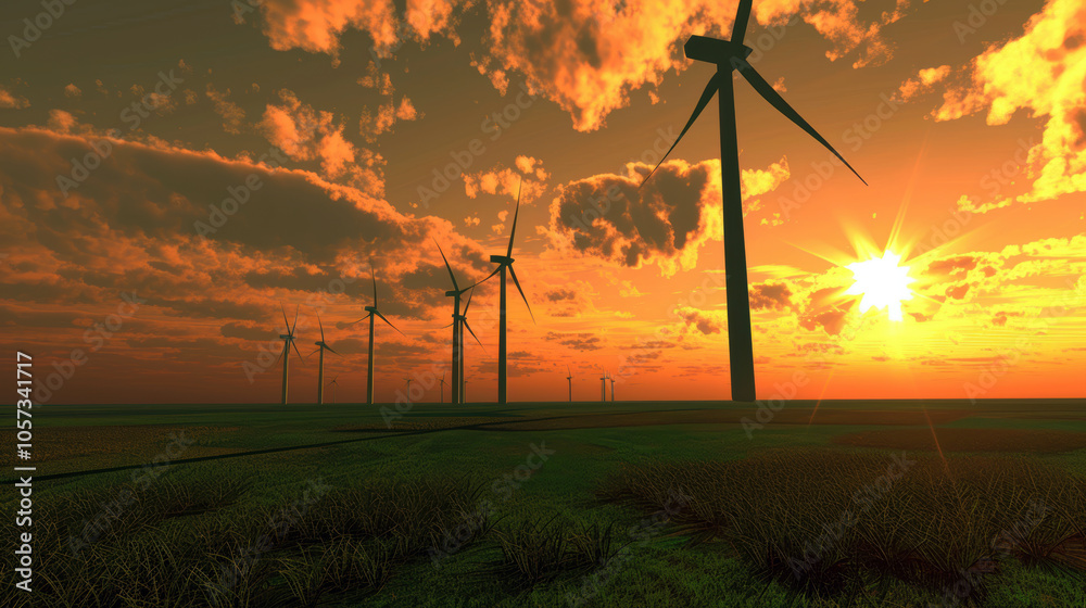 Obraz premium Wind Turbines at Sunset in Open Landscape