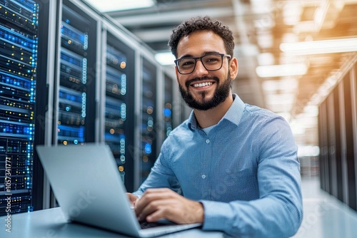 Smiling IT Engineer working on a laptop in a data center. photo