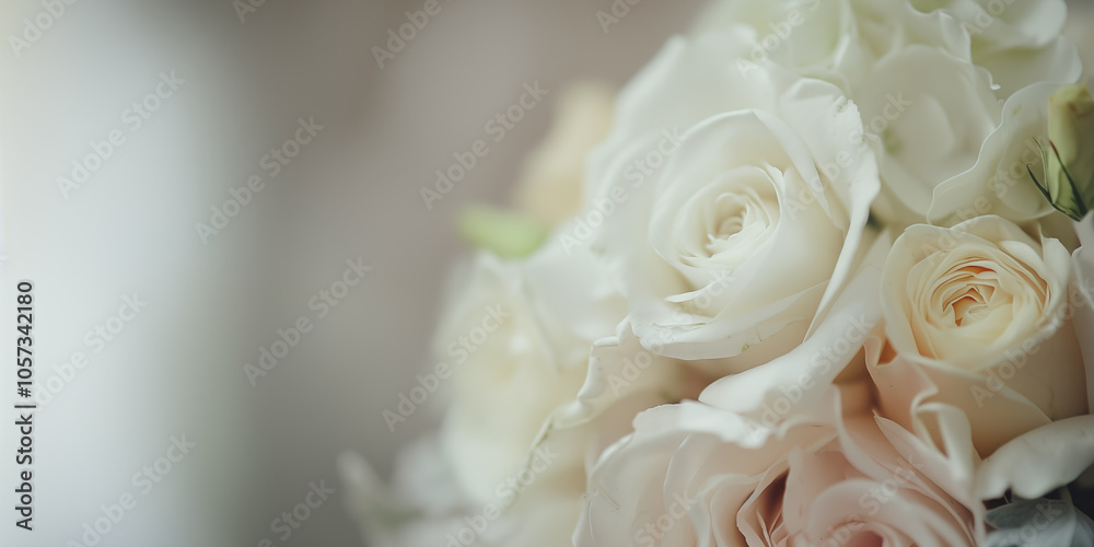 A classic bouquet of pastel roses on a blurred background. Wedding flowers banner. Copy space, place for signature. A classic bouquet of pastel roses on a blurred background. Wedding flowers banner. Copy space, place for signature.