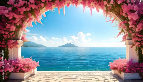 The picturesque view of the sea with a copied space image through a flower-adorned arch photo