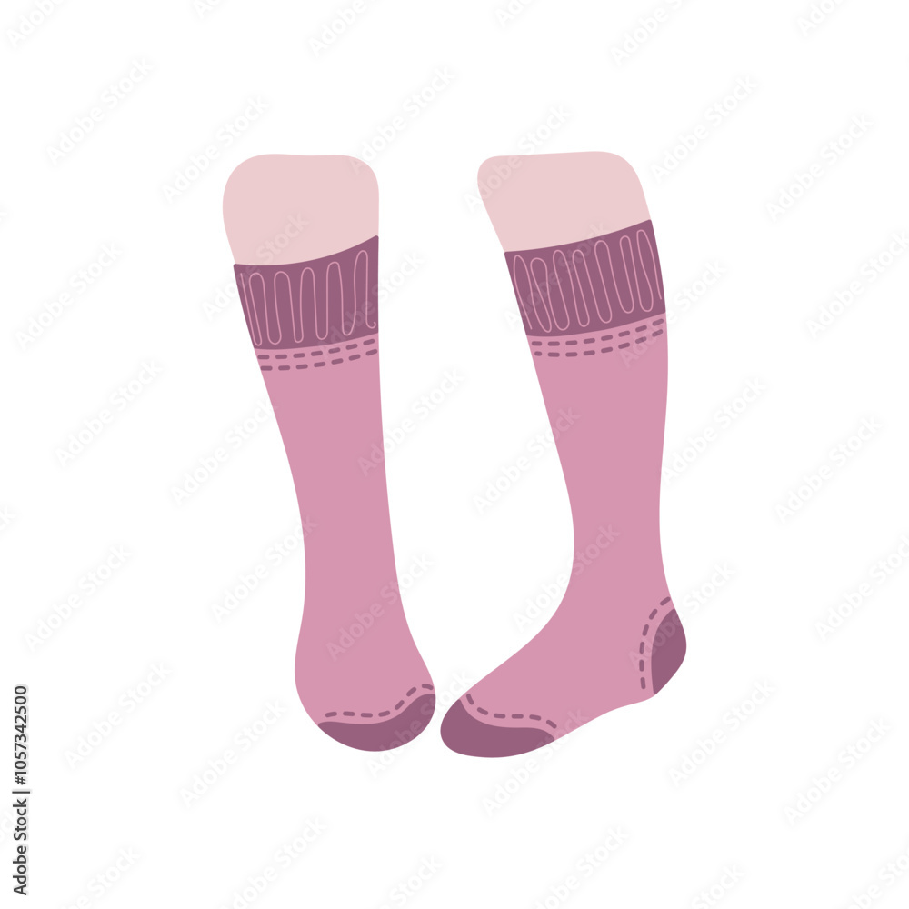 Beautiful female white skin legs in high pink socks isolated on white background. Hand drawn vector illustration in flat style. Textile, clothes brand, children, winter season, christmas woman clothes Beautiful female white skin legs in high pink socks isolated on white background. Hand drawn vector illustration in flat style. Textile, clothes brand, children, winter season, christmas woman clothes
