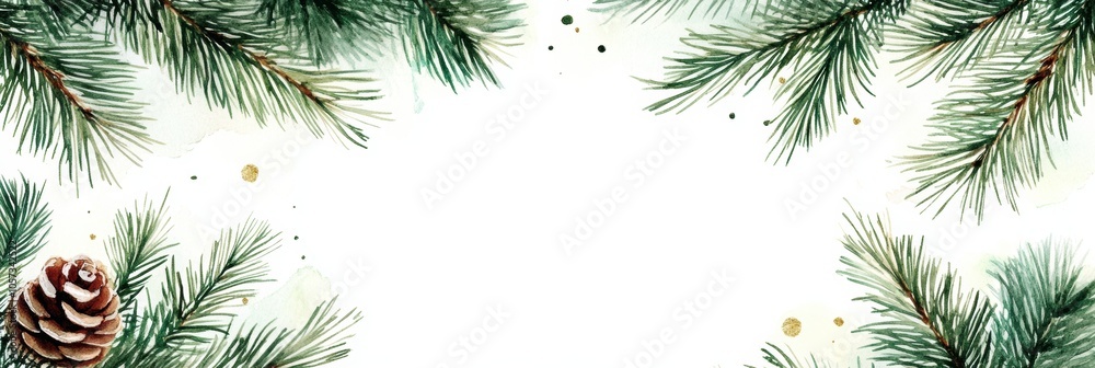 holiday banner design, christmas banner with a watercolor doodle of green pine branches on a white empty background, perfect for text placement holiday banner design, christmas banner with a watercolor doodle of green pine branches on a white empty background, perfect for text placement