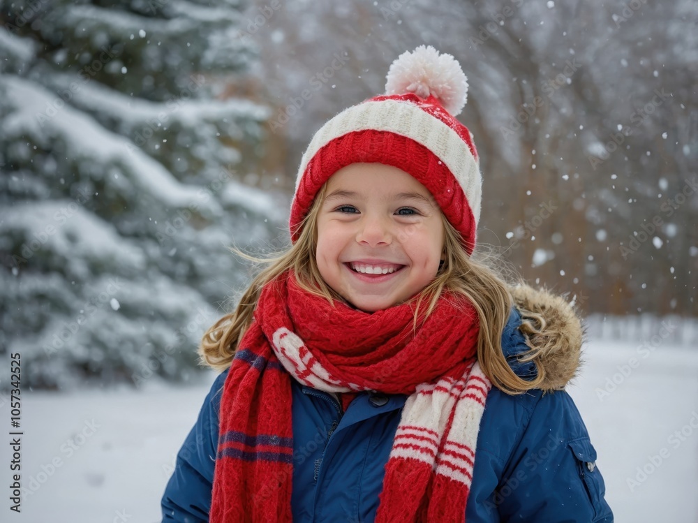 A smiling girl stands joyfully amidst snow-covered trees, capturing the magic and warmth of Christmas in a winter wonderland scene A smiling girl stands joyfully amidst snow-covered trees, capturing the magic and warmth of Christmas in a winter wonderland scene