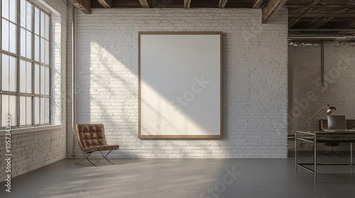 Minimalist Studio Space: Vertical Poster Mockup in 40x60 inches with Wooden Frame, Exposed Ceiling Beams, Industrial Desk, and Vintage Leather Chair. High-End Photography.