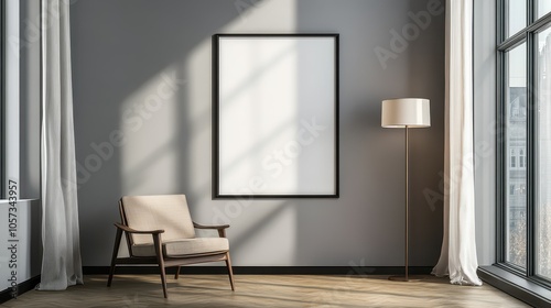 Scandinavian Minimalist Living Room: Neutral Tones, Vertical Poster Mockup, Natural Oak Flooring, and Soft Lighting Through Sheer Curtains. 8K Architectural Visualization.