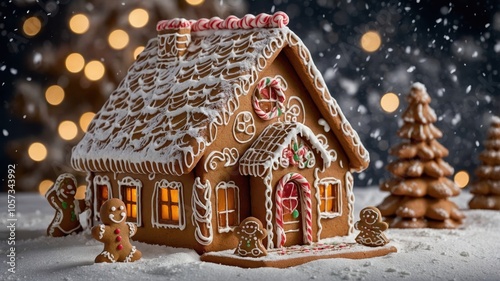 Delightful gingerbread houses decorated with colorful icing and candy, capturing the essence of holiday cheer and sweet craftsmanship photo