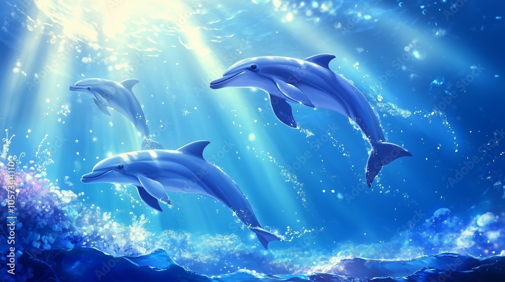 Obraz premium Dolphins swimming gracefully underwater illuminated by sun rays in a tranquil ocean