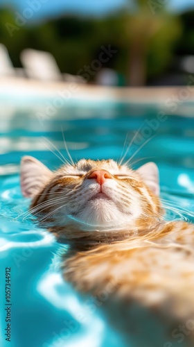 A serene ginger cat floats peacefully in a bright blue swimming pool, enjoying the sun and water. This image evokes tranquility and a carefree lifestyle. photo