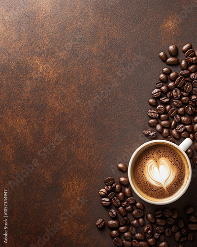 Dark tone background are place to put cappuccino cup lettering with heart latte art and coffee beans scattered on it. photo