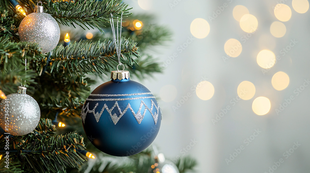 A close-up of a decorated Christmas tree featuring a blue ornament and shimmering lights in the background. A close-up of a decorated Christmas tree featuring a blue ornament and shimmering lights in the background.