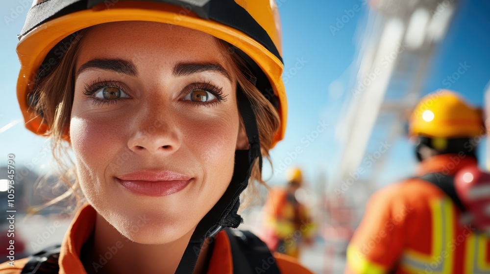 A determined firefighter radiates dedication and optimism, equipped with protective gear and surrounded by a dynamic team environment for effective emergency response. A determined firefighter radiates dedication and optimism, equipped with protective gear and surrounded by a dynamic team environment for effective emergency response.