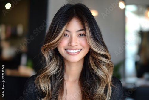 Smiling Asian Woman with Long Black Hair and Blonde Highlights