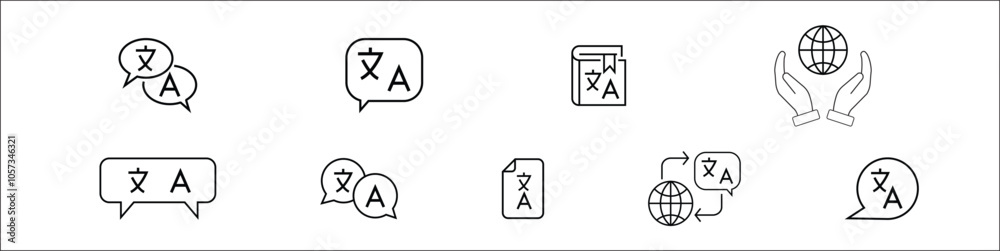 Language web icon set in line style. Language translation, linguistics, speaking, dictionary, listening skills, writing, translate, collection. Vector illustration. Language web icon set in line style. Language translation, linguistics, speaking, dictionary, listening skills, writing, translate, collection. Vector illustration.