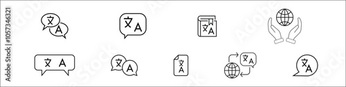 Language web icon set in line style. Language translation, linguistics, speaking, dictionary, listening skills, writing, translate, collection. Vector illustration.