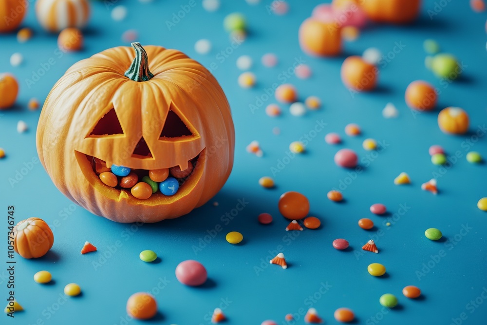 Fototapeta premium Smiling jack-o'-lantern filled with colorful candies, surrounded by small pumpkins on a blue background, AI generated illustration