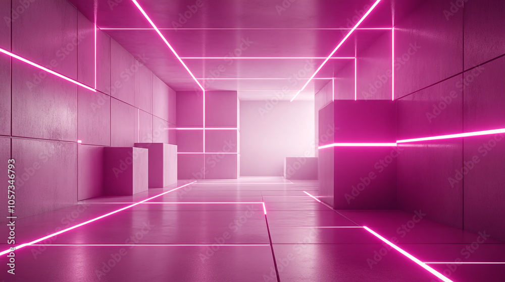 A Vibrant Pink Hallway Illuminated by Glowing Linear Lights in a Modern Futuristic Space A Vibrant Pink Hallway Illuminated by Glowing Linear Lights in a Modern Futuristic Space