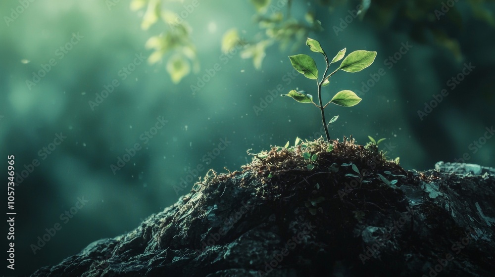 Naklejka premium Young plant growing on moss-covered tree trunk
