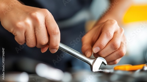 Close-up of hands tightening a wrench on an engine in an industrial setting, demonstrating technical skill and precision in automotive repair within a focused workshop environment.