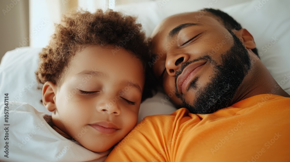 A father and young son lie asleep together, exuding a sense of serenity and coziness, capturing a tender family moment that evokes warmth and connection. A father and young son lie asleep together, exuding a sense of serenity and coziness, capturing a tender family moment that evokes warmth and connection.