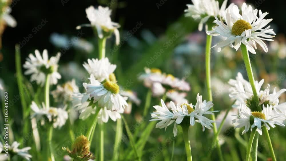 StockBeautiful White Daisies Swaying Gently in Summer Breeze with Soft Natural Bokeh Effect. Close-up Nature Video of Fresh Garden Daisies with Yellow Centers Against Blurred Green Background StockBeautiful White Daisies Swaying Gently in Summer Breeze with Soft Natural Bokeh Effect. Close-up Nature Video of Fresh Garden Daisies with Yellow Centers Against Blurred Green Background