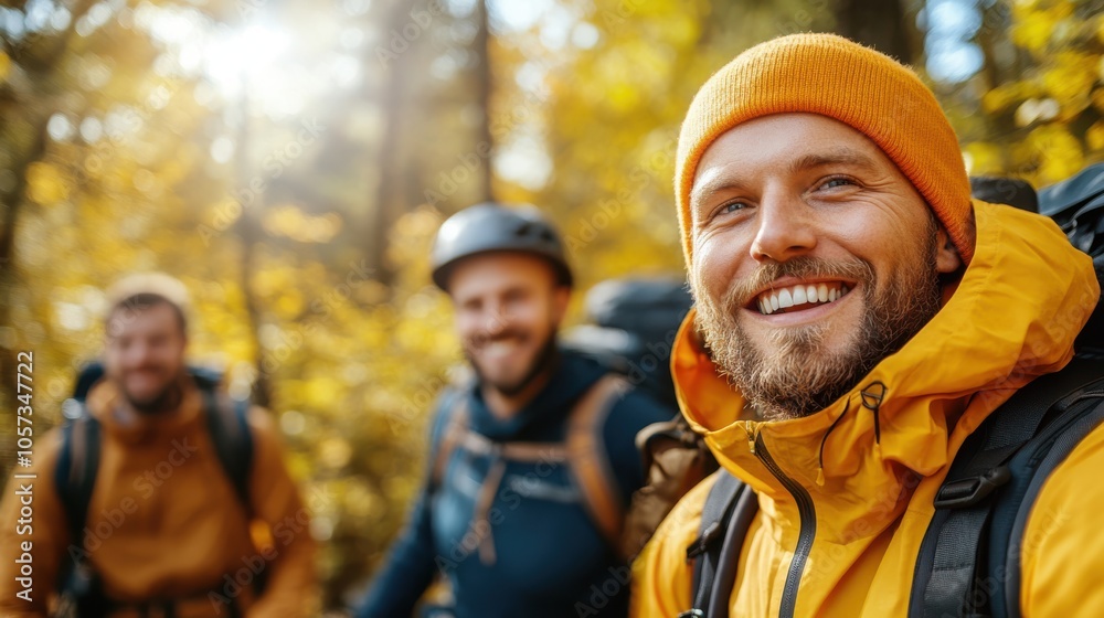A group of hikers in yellow jackets happily smile amidst the golden hues of autumn woods, encapsulating a moment of warmth and kinship during their outdoor adventure. A group of hikers in yellow jackets happily smile amidst the golden hues of autumn woods, encapsulating a moment of warmth and kinship during their outdoor adventure.