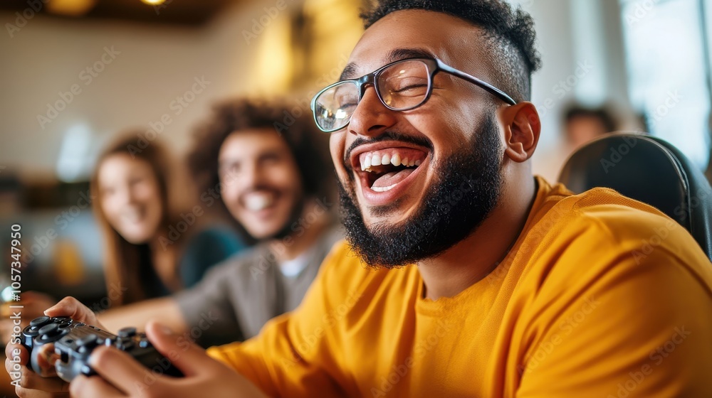 A group of diverse friends share infectious laughter while engaging in an immersive video game session, highlighting social bonding and interactive fun. A group of diverse friends share infectious laughter while engaging in an immersive video game session, highlighting social bonding and interactive fun.