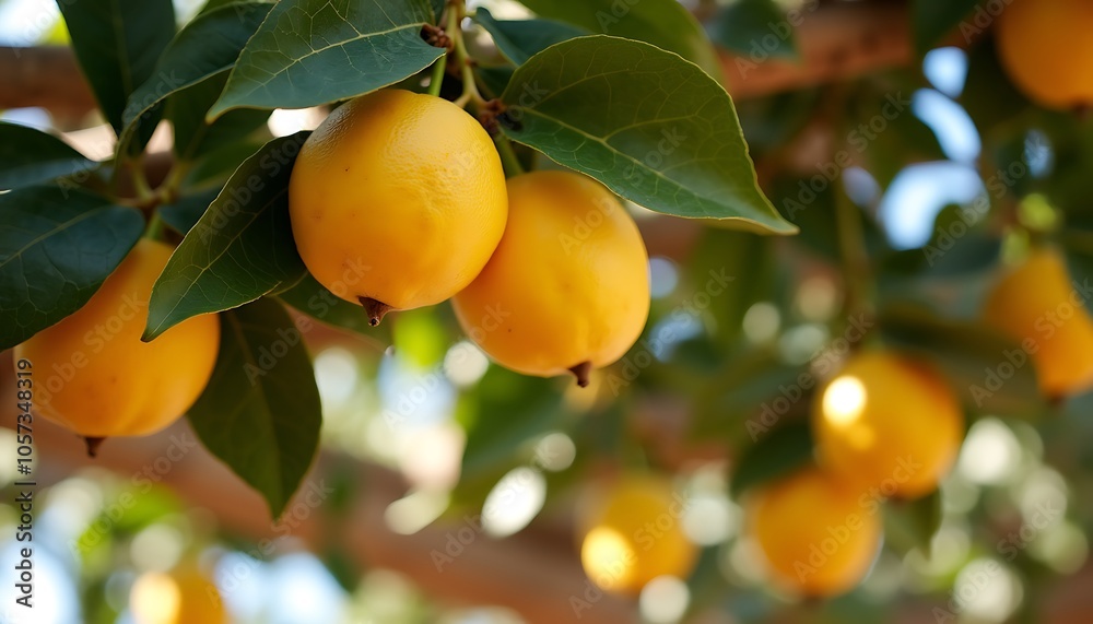 Ripe yellow lemons on a tree, bright mood, fresh fruits hanging outdoors, blurred garden background Ripe yellow lemons on a tree, bright mood, fresh fruits hanging outdoors, blurred garden background