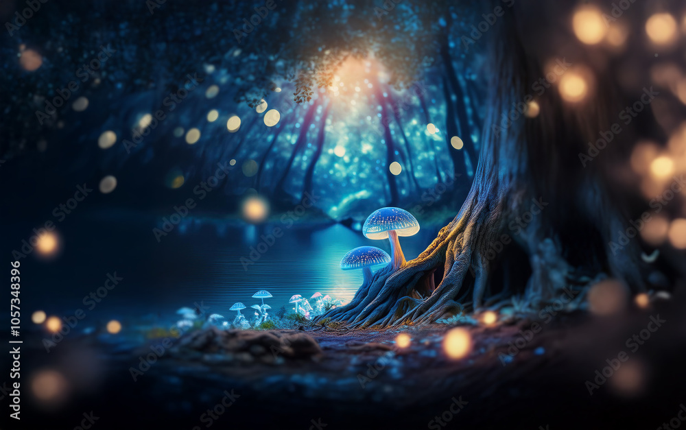 Obraz premium A mystical forest bathed in an ethereal blue glow, with glowing mushrooms scattered across the forest floor. The roots of a towering tree reach out towards the light source above.