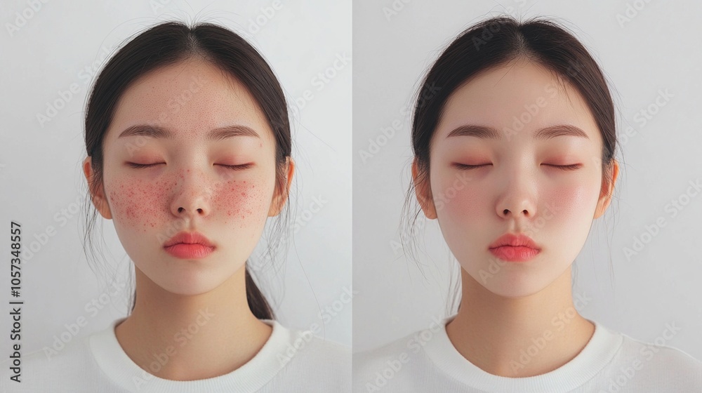 Asian girl's face before and after acne treatment. Acne, skin problem and dermatology concept. Close-up collage portrait for poster, commercial, presentation Asian girl's face before and after acne treatment. Acne, skin problem and dermatology concept. Close-up collage portrait for poster, commercial, presentation