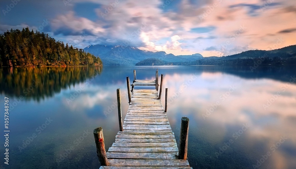 Obraz premium pequeño viejo embarcardadero, en medio de un lago tranquilo