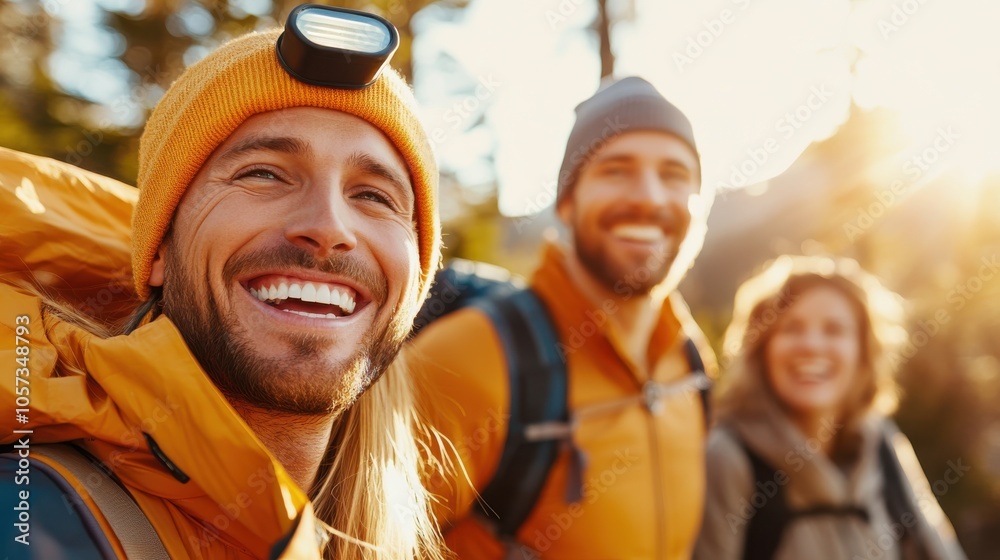A spirited trio, equipped with backpacks and a headlamp, embraces the adventure, standing in a sunlit, vibrant mountain setting, exuding joy and exploration. A spirited trio, equipped with backpacks and a headlamp, embraces the adventure, standing in a sunlit, vibrant mountain setting, exuding joy and exploration.