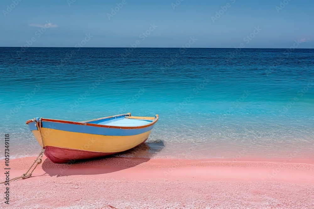 a small boat anchored on a pink beach with deep blue sea, representing a peaceful and healing vacation with generative ai a small boat anchored on a pink beach with deep blue sea, representing a peaceful and healing vacation with generative ai