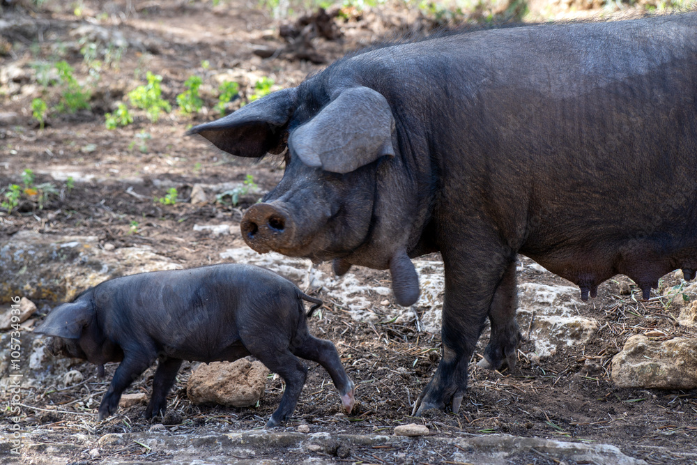 Mother pig with her piglets.Pig farming or hog farming is the raising and breeding of domestic pigs as livestock farmed principally for food e.g. pork, bacon, gammon, skins. Ancestor, the wild boar Mother pig with her piglets.Pig farming or hog farming is the raising and breeding of domestic pigs as livestock farmed principally for food e.g. pork, bacon, gammon, skins. Ancestor, the wild boar