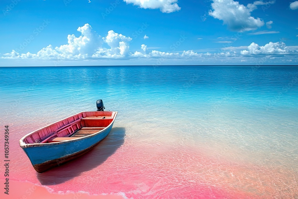 Fototapeta premium a small boat anchored on a pink beach with deep blue sea, representing a peaceful and healing vacation with generative ai