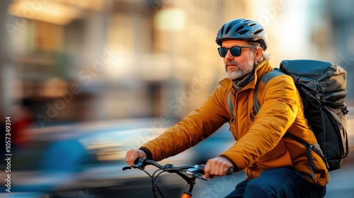 An older adult rides his bicycle through bustling city streets wearing a helmet and a warm jacket, symbolizing independence and modern urban exploration.